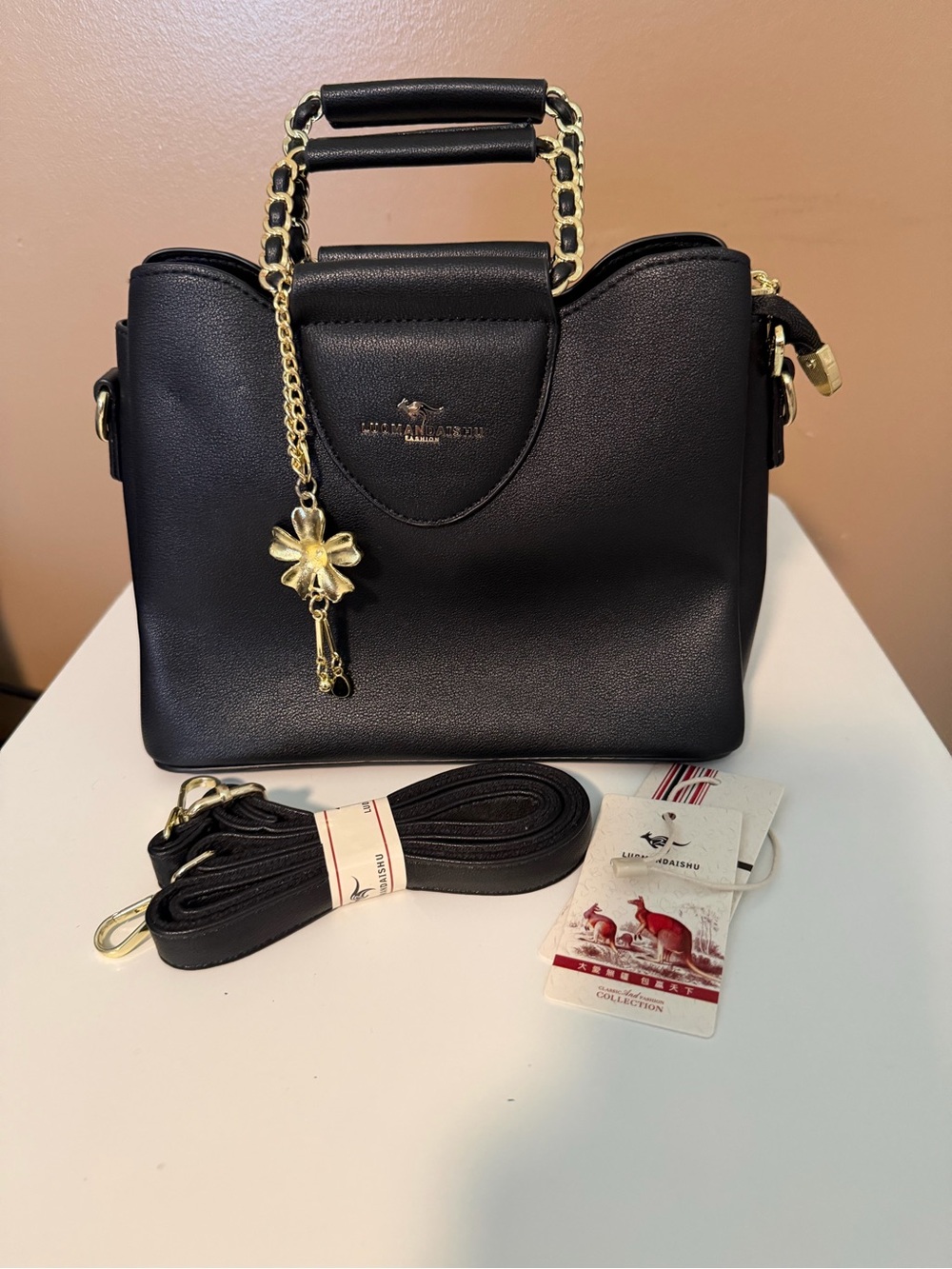 Black Structured Top-Handle Satchel with Gold Chain